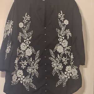 Black Floral Embroidered Blouse - Elegant Button-Front Top Ruffle Neck
